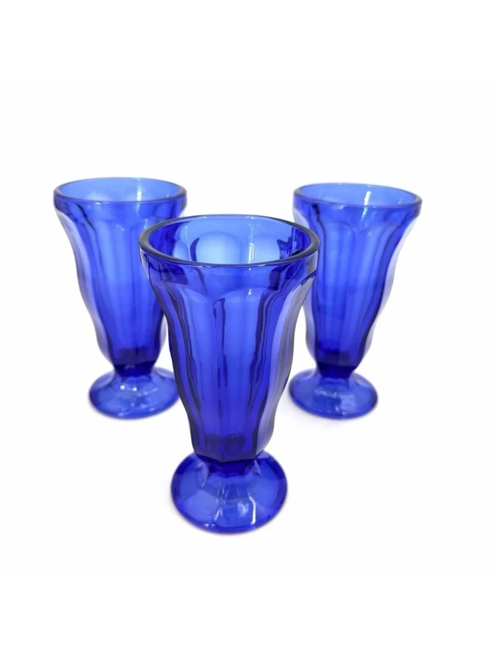 Vintage Set of 3 Cobalt Blue Retro Milkshake Parfait Fountain Glasses